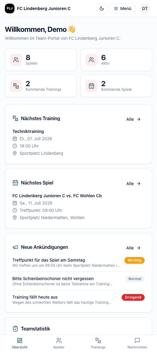 Trainerbank App: Team-Übersicht auf dem Smartphone