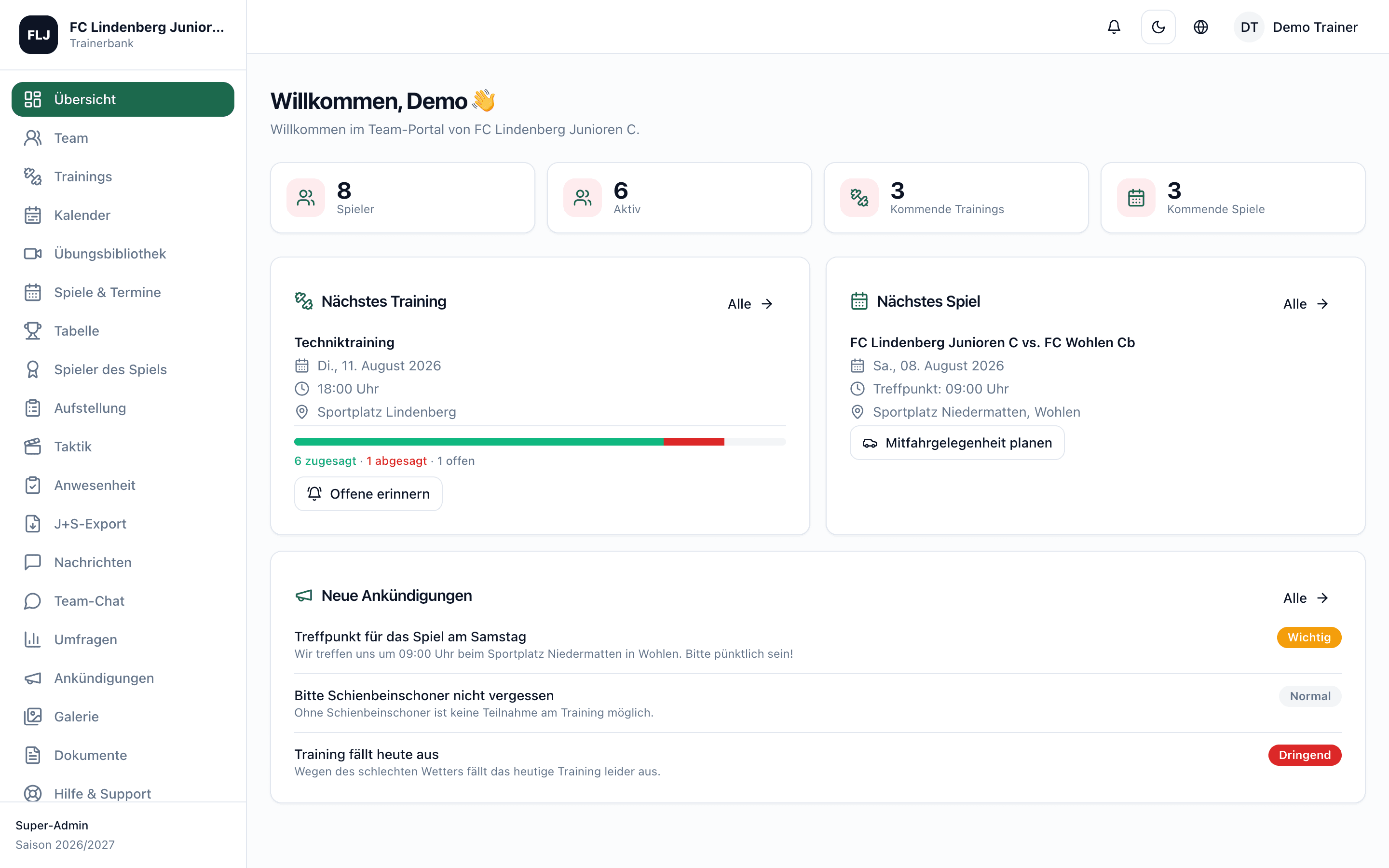 Trainerbank Dashboard: Übersicht mit Trainings, Spielen und Ankündigungen